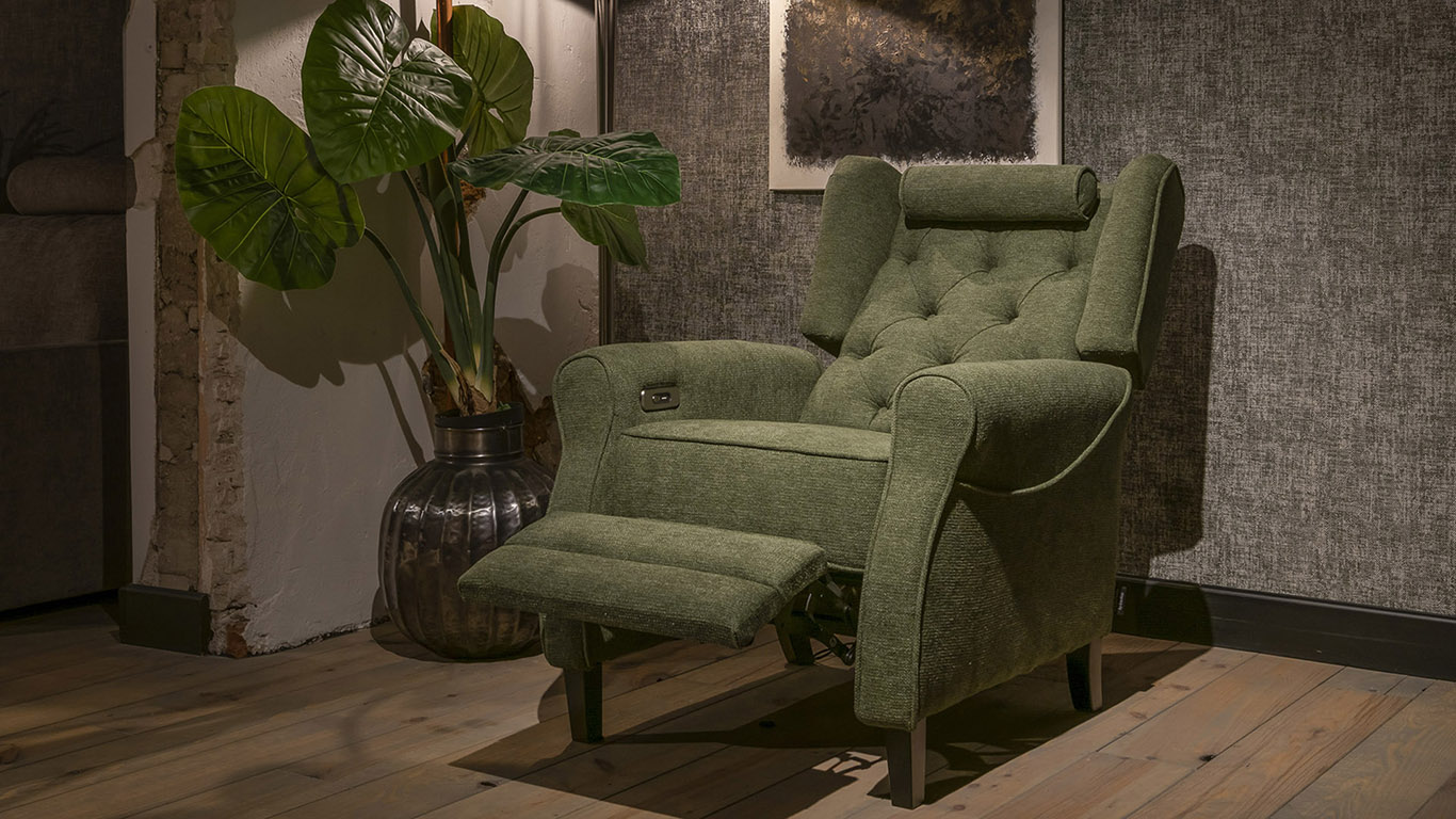 UrbanSofa Livorno Fauteuil Lugano Dark Olive Relaxmodus Website